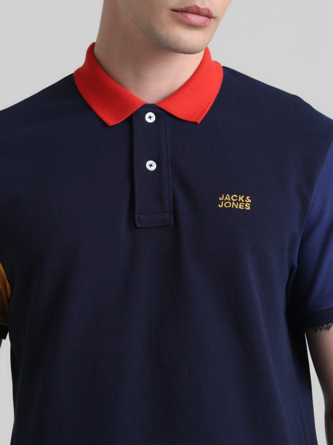 Navy Cotton Colourblocked Polo - Image 5