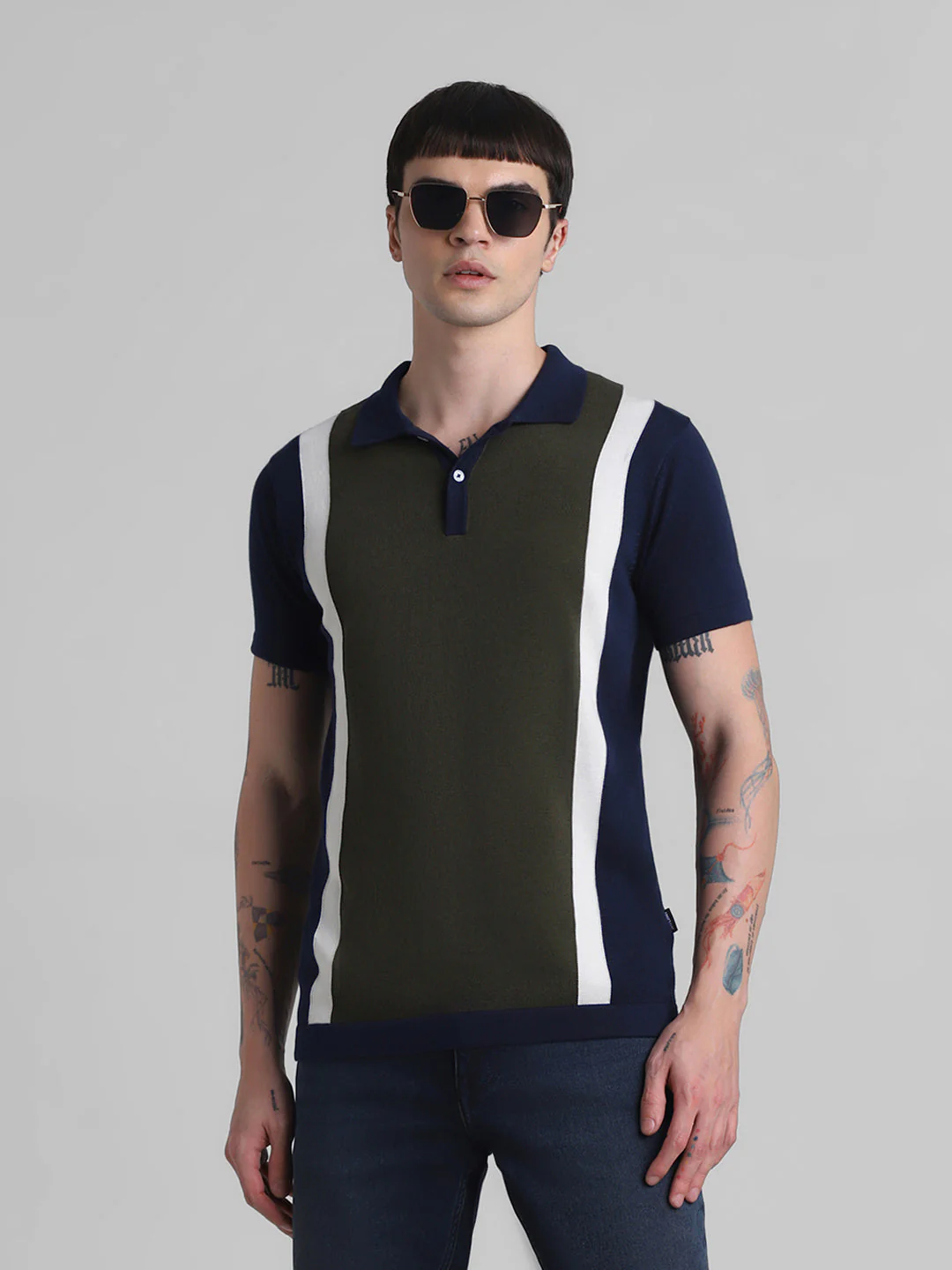 Green Colourblocked Knit Polo