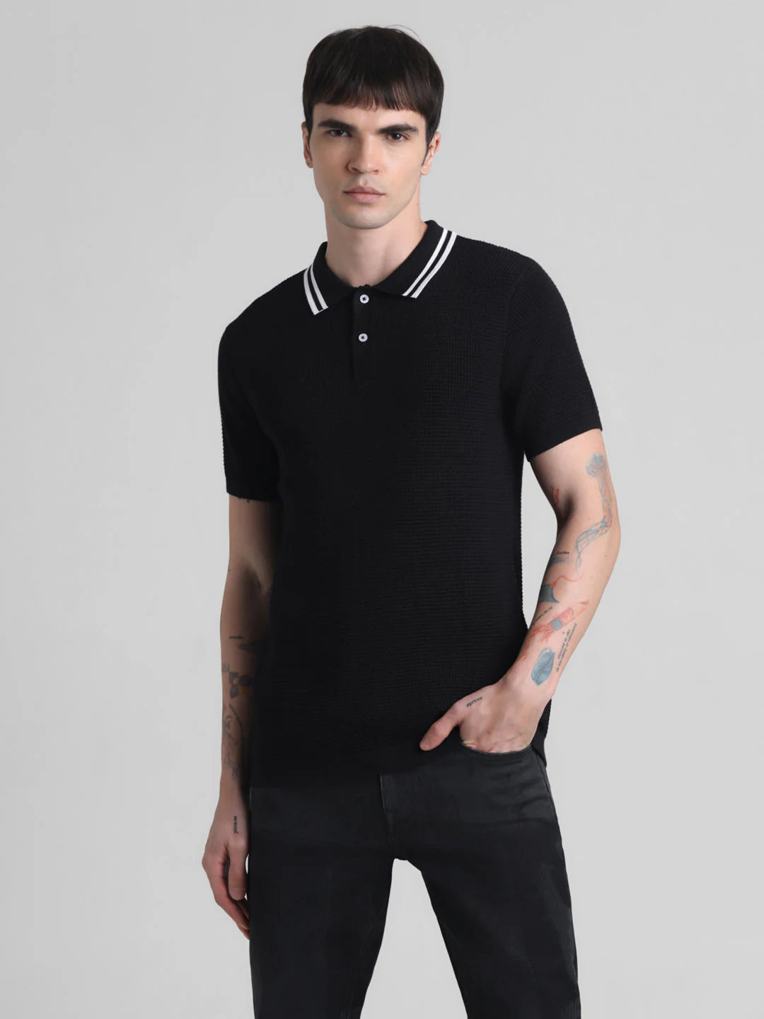 Black Contrast Tipping Knit Polo - Image 2