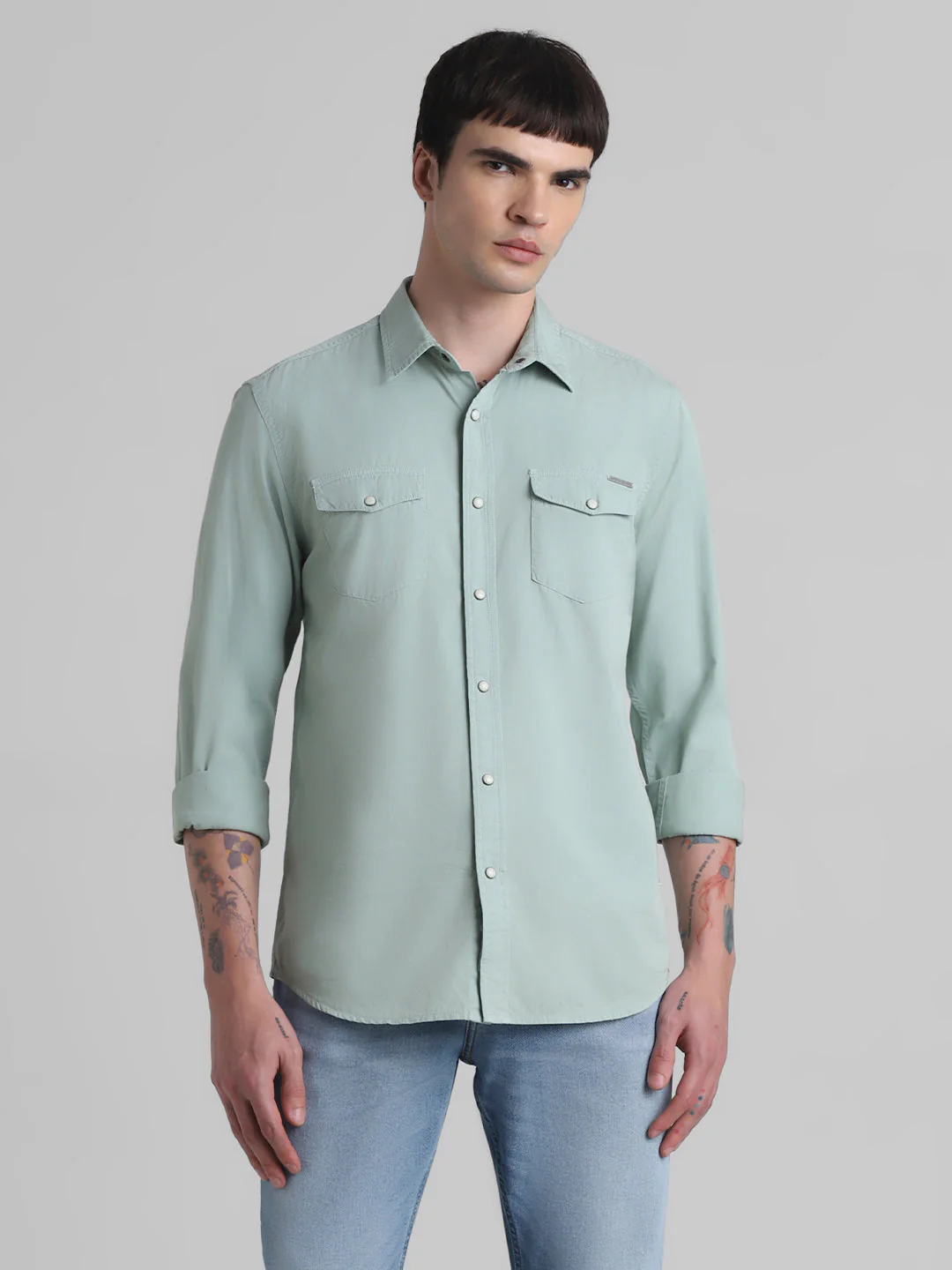 Light Green Denim Full Sleeves Shirt - Image 2