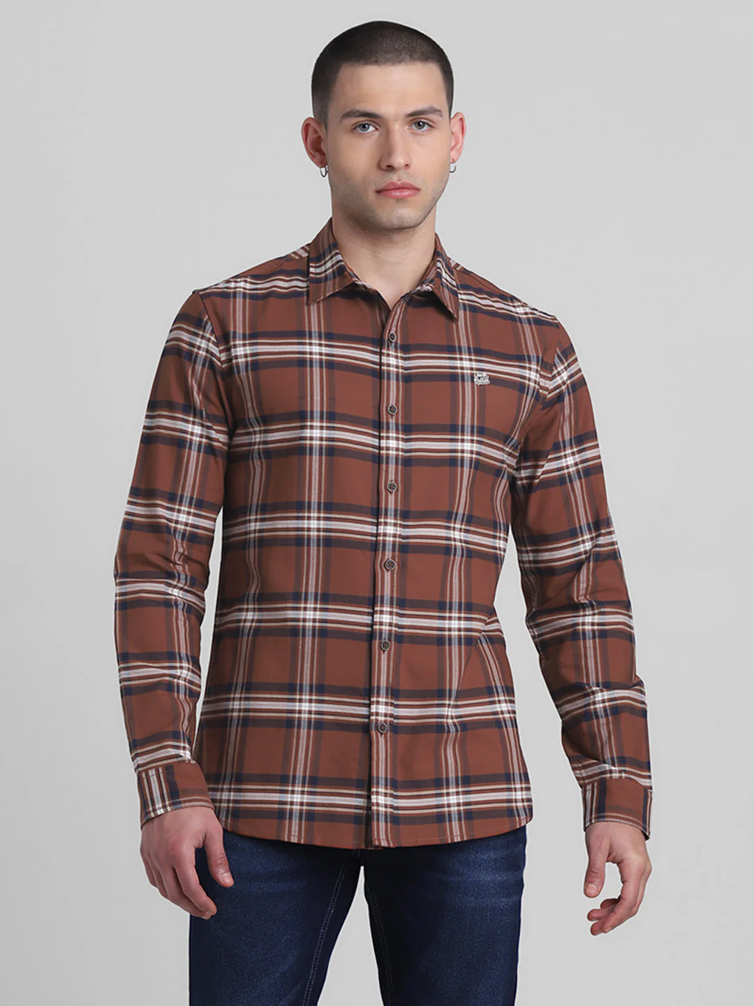 Dark Brown Check Cotton Shirt - Image 2
