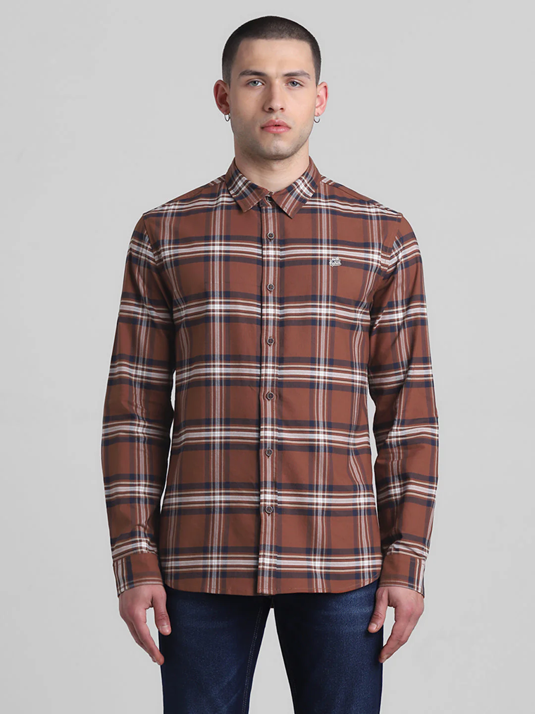 Dark Brown Check Cotton Shirt - Image 8