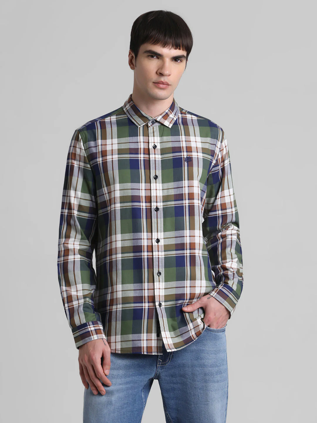 Olive Green Check Cotton Shirt - Image 2