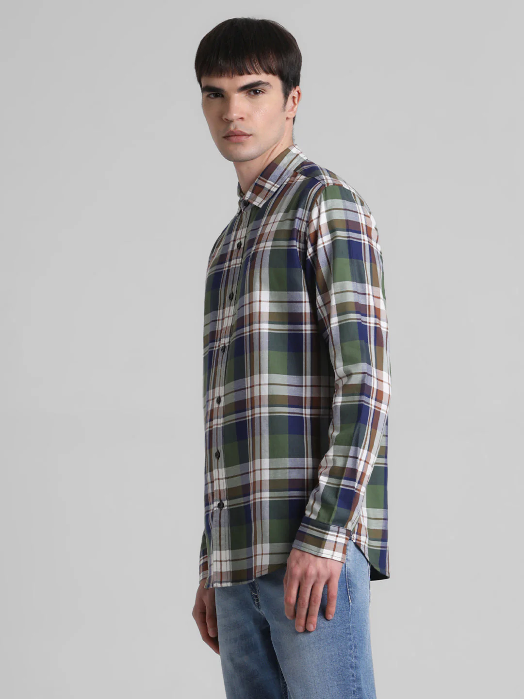 Olive Green Check Cotton Shirt - Image 3