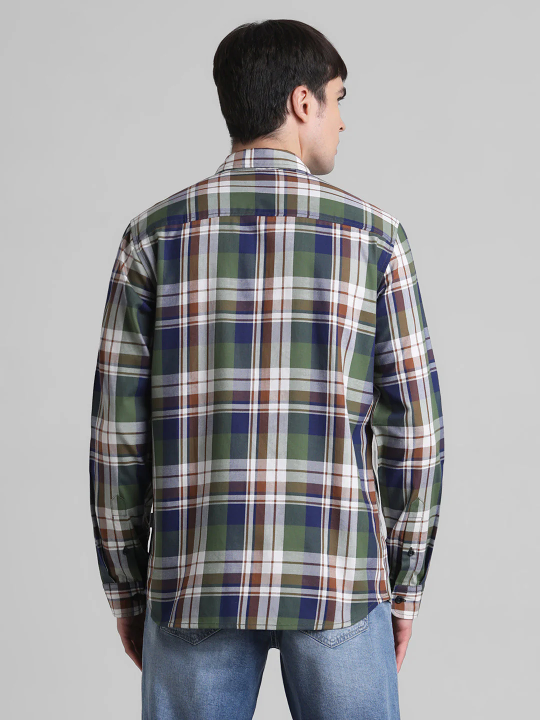 Olive Green Check Cotton Shirt - Image 4