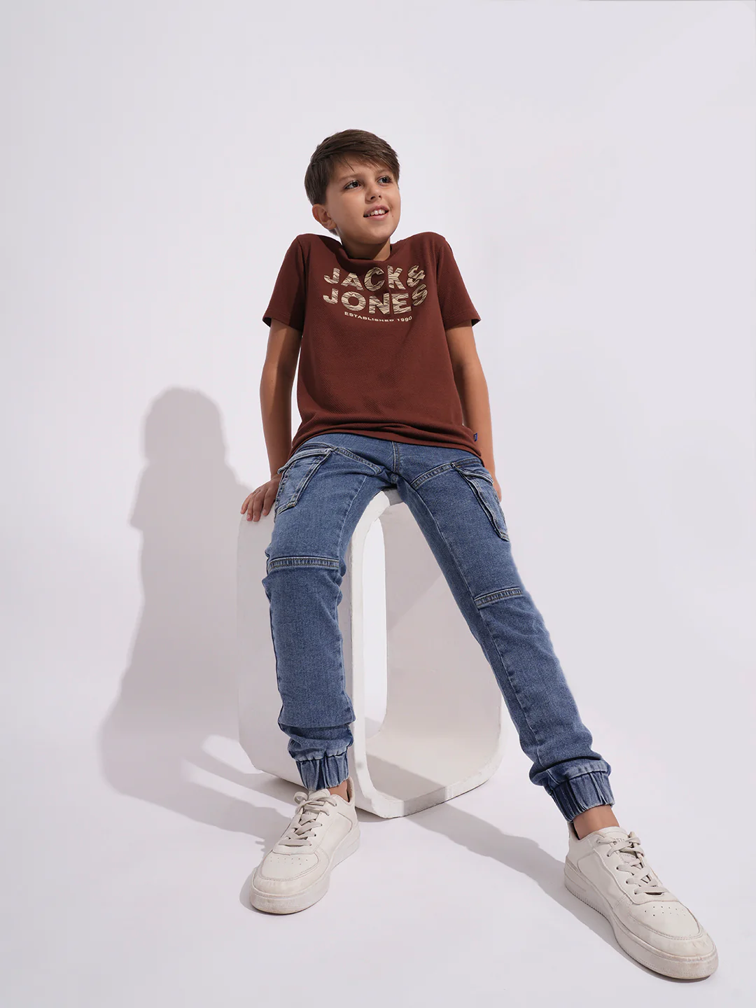 Boys Light Blue Washed Denim Cargo Joggers With Drawstring Waist