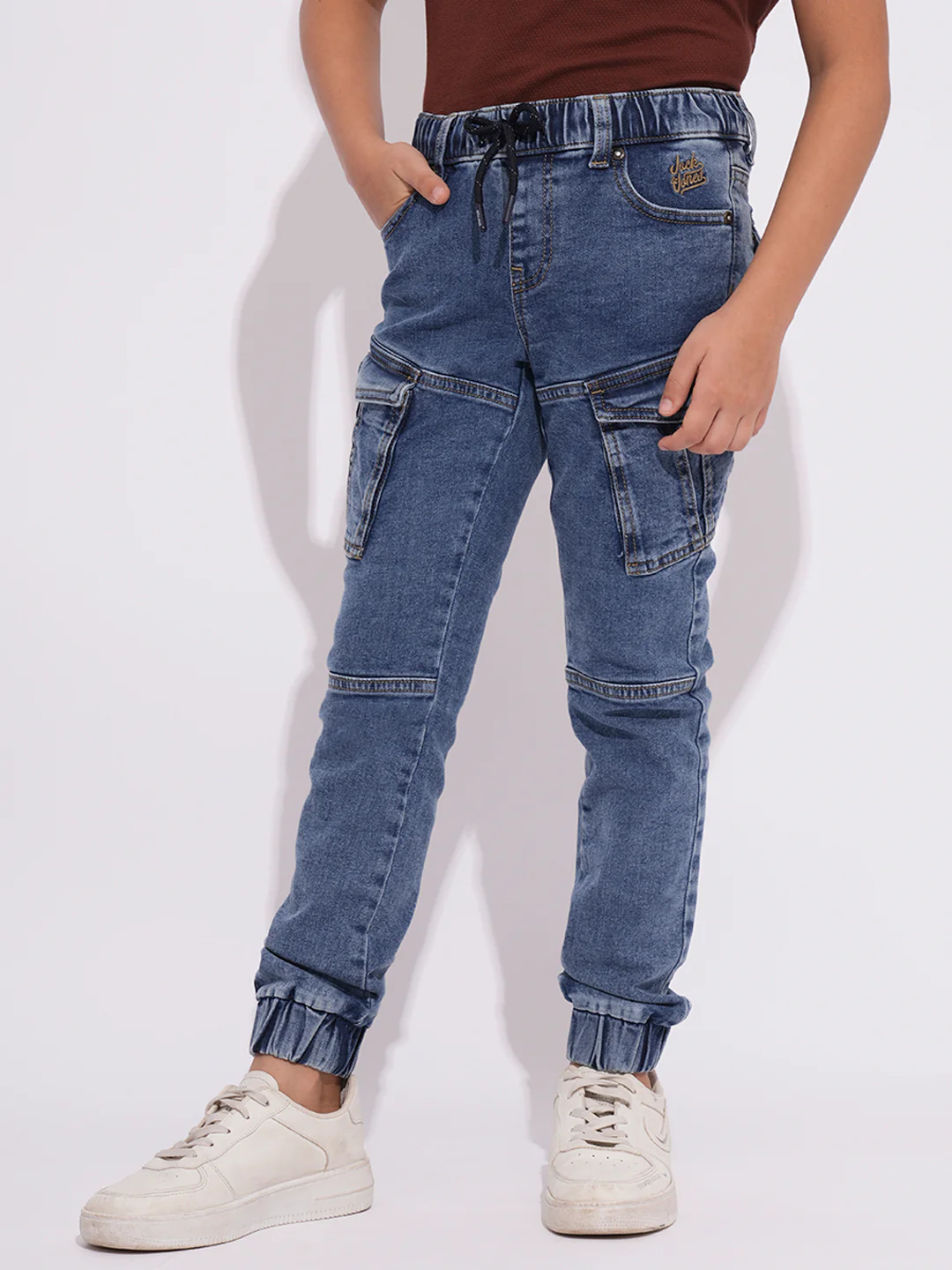 Boys Light Blue Washed Denim Cargo Joggers With Drawstring Waist - Image 3