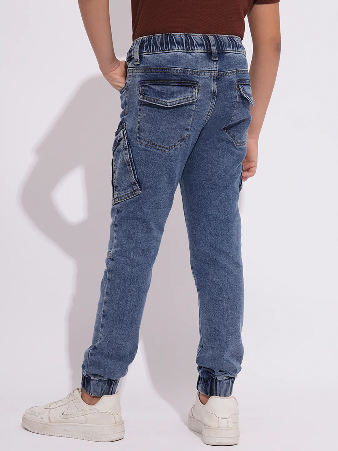Boys Light Blue Washed Denim Cargo Joggers With Drawstring Waist - Image 4