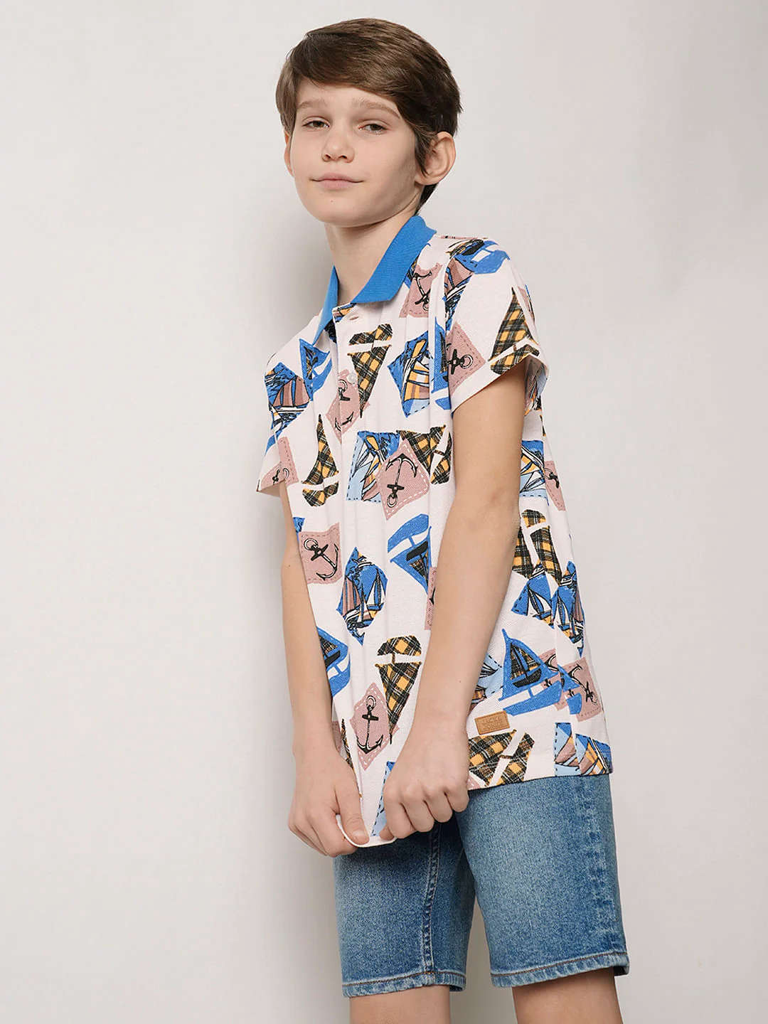 Boys Beige Boat Print Polo T-shirt - Image 3