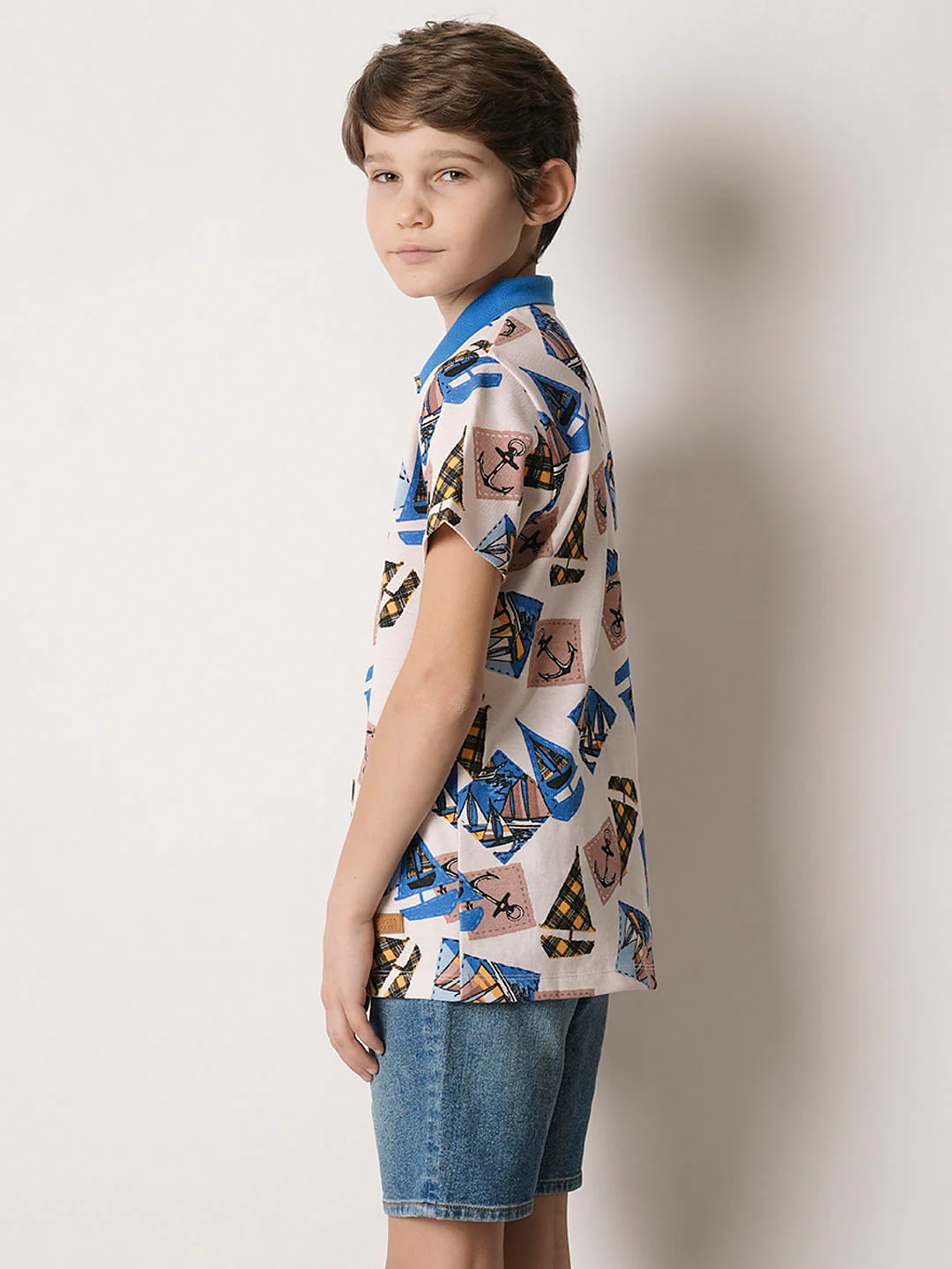 Boys Beige Boat Print Polo T-shirt - Image 4