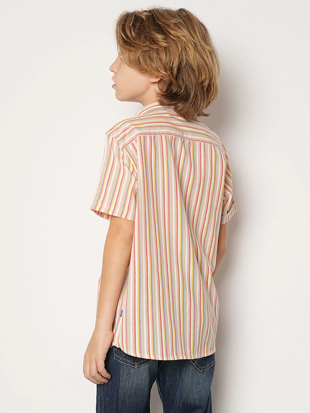 Boys Beige Striped Short Sleeves Shirt - Image 4