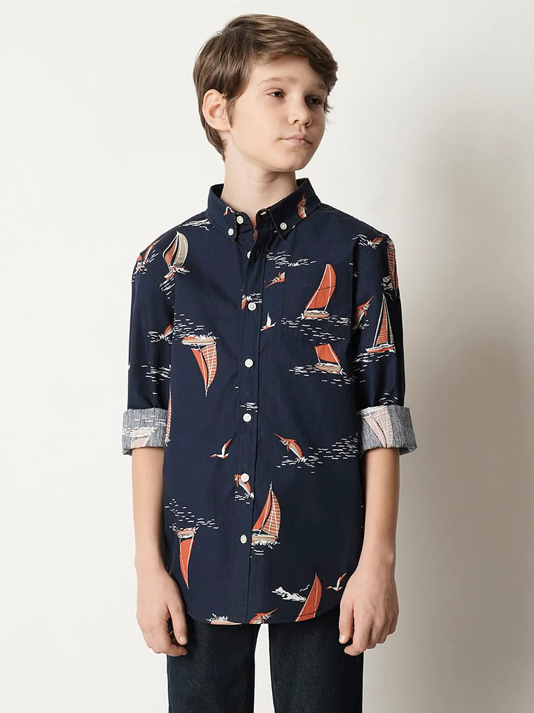 Boys Blue Boat Print Full Sleeves Shirt - Image 2