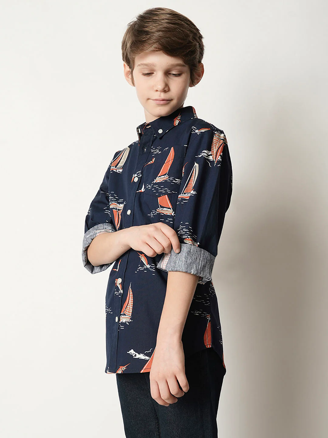 Boys Blue Boat Print Full Sleeves Shirt - Image 3