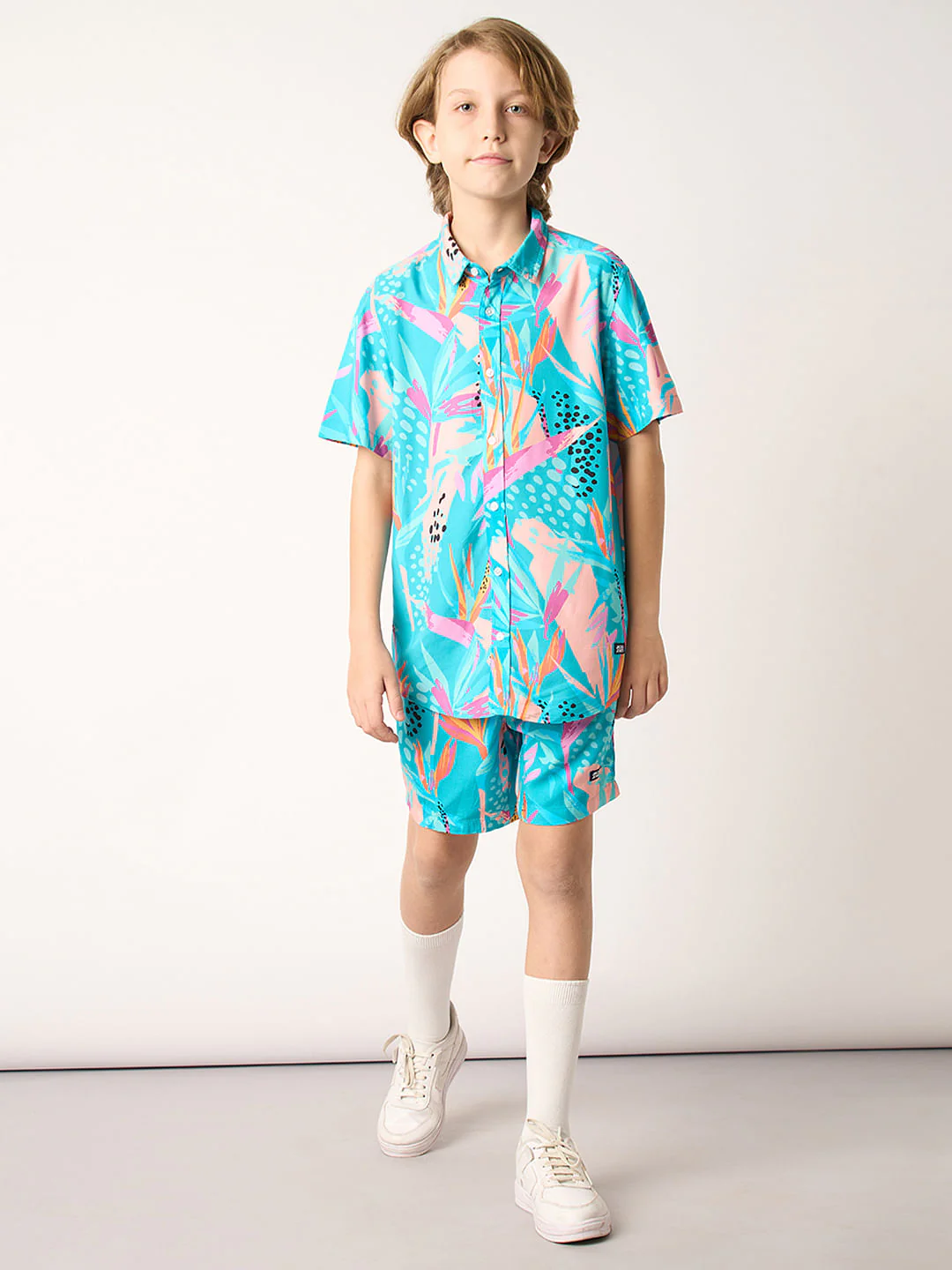 Boys Blue Tropical Print Co-ord Set Shirt - Image 5