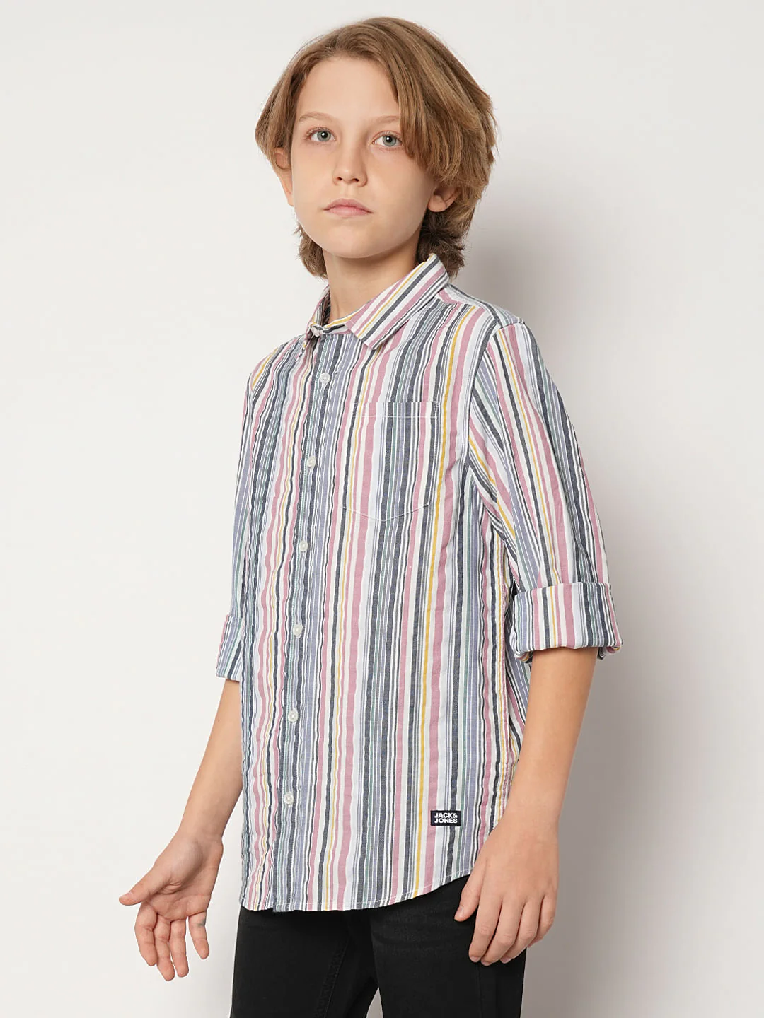 Boys White Striped Full Sleeves Shirt - Image 3