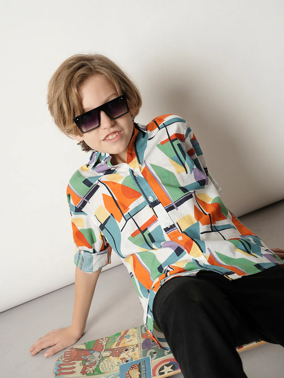Boys Orange Abstract Print Full Sleeves Shirt