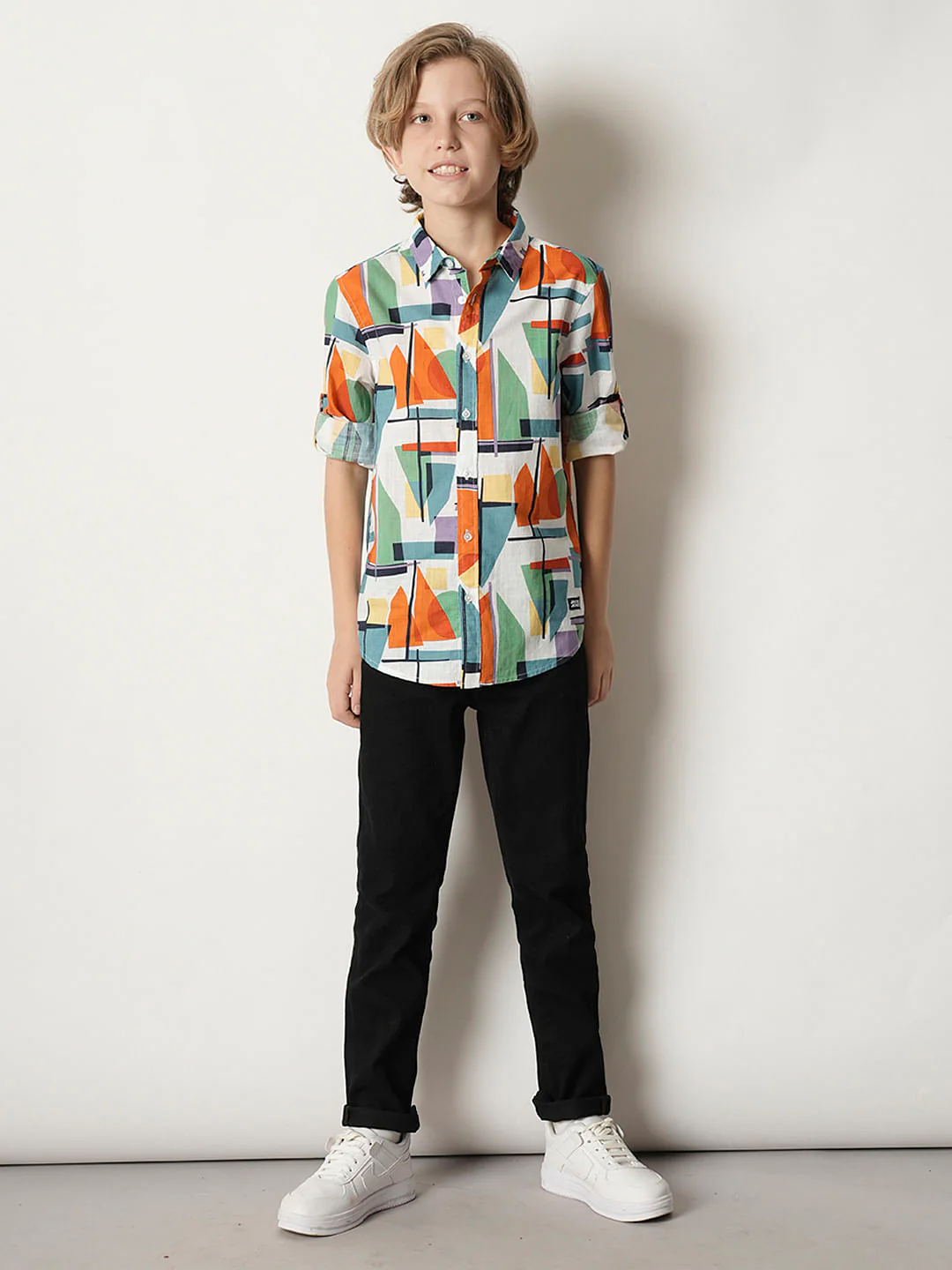 Boys Orange Abstract Print Full Sleeves Shirt - Image 5