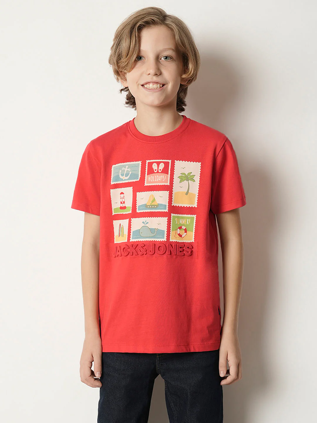 Boys Red Stamp Print Crew Neck T-shirt - Image 2