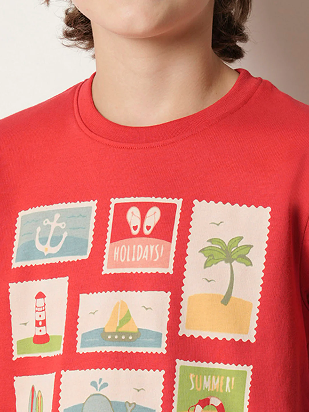 Boys Red Stamp Print Crew Neck T-shirt - Image 6