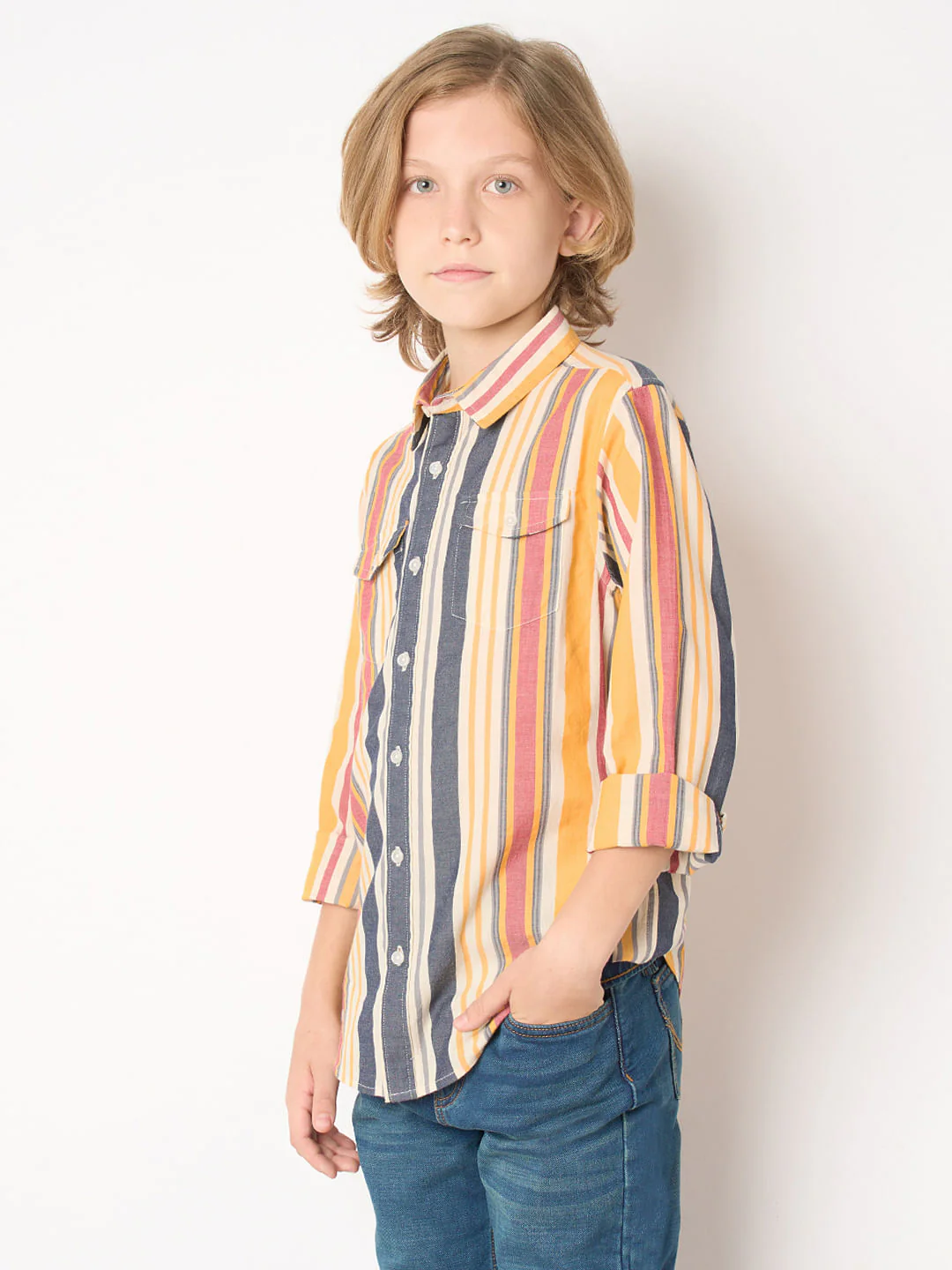 Boys Yellow Striped Full Sleeves Shirt - Image 3