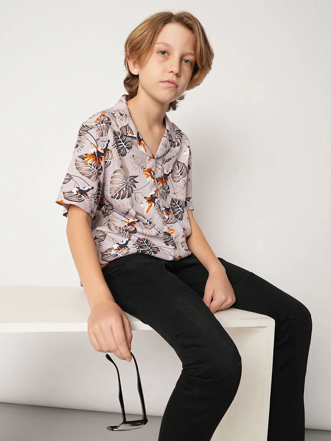 Boys Purple Tropical Print Shirt