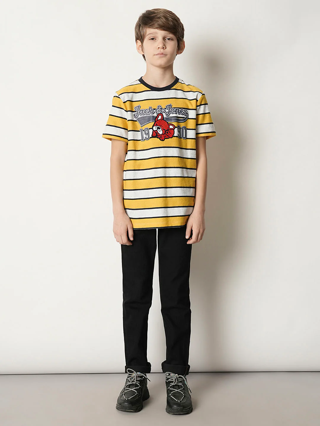 Boys Yellow Striped Crew Neck T-shirt - Image 5