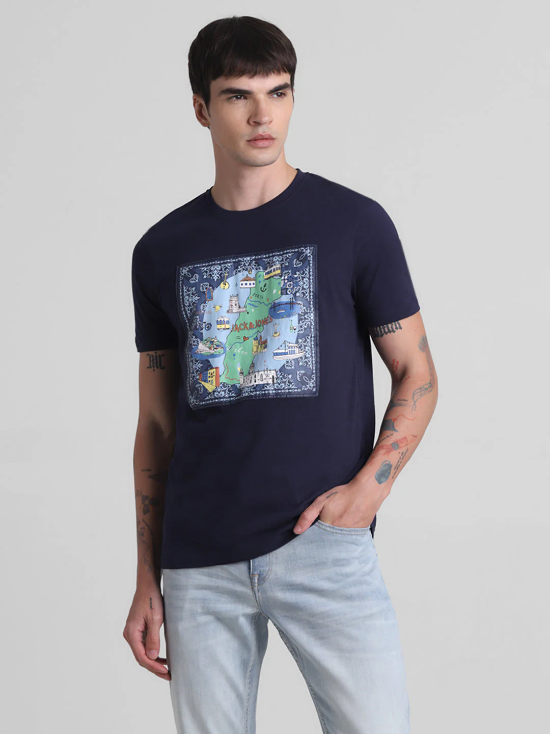 Navy Applique Patchwork Print T-shirt - Image 2