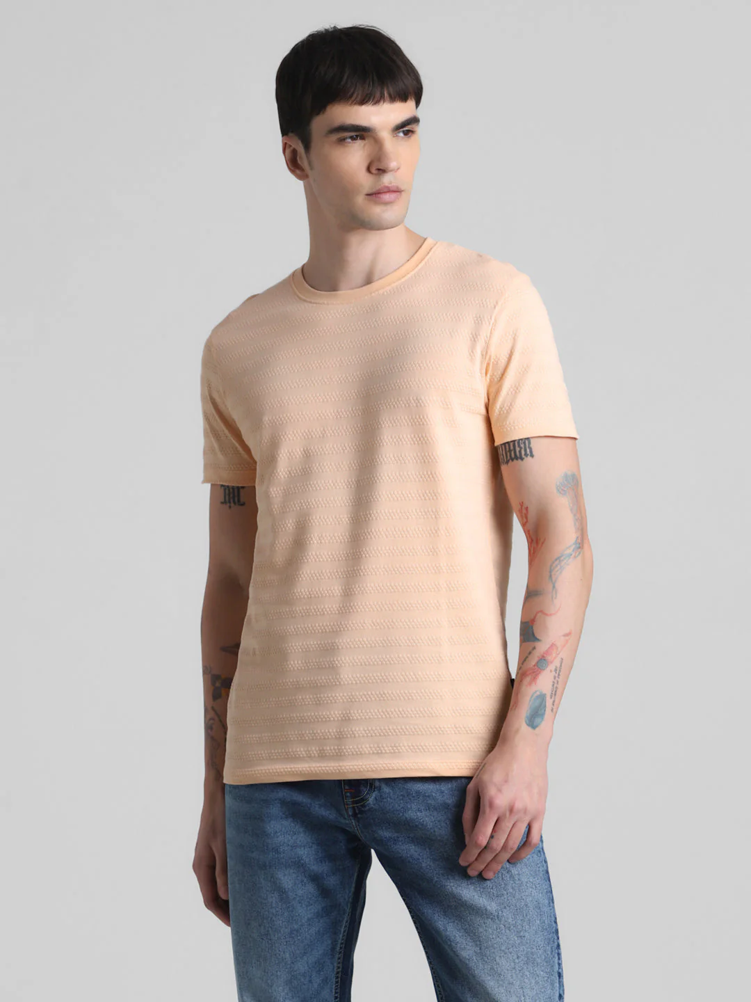Peach Striped Slim Fit T-shirt - Image 2