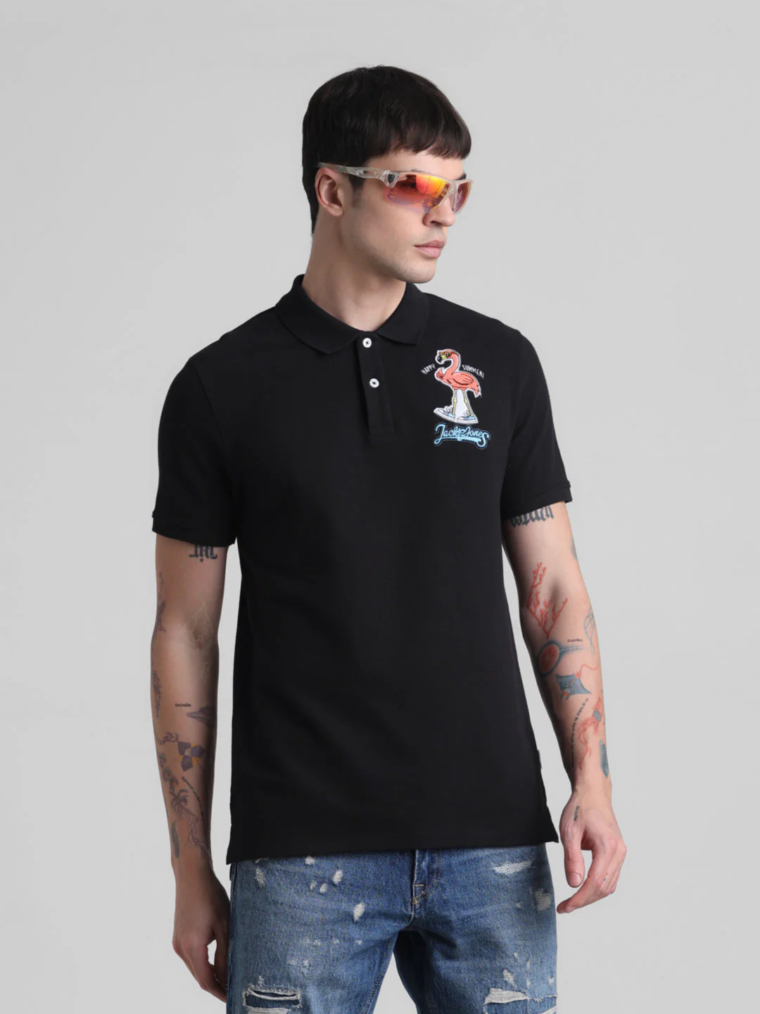 Black Appliqué Patchwork Polo