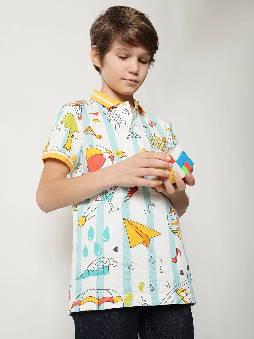 Boys White Printed Polo T-shirt