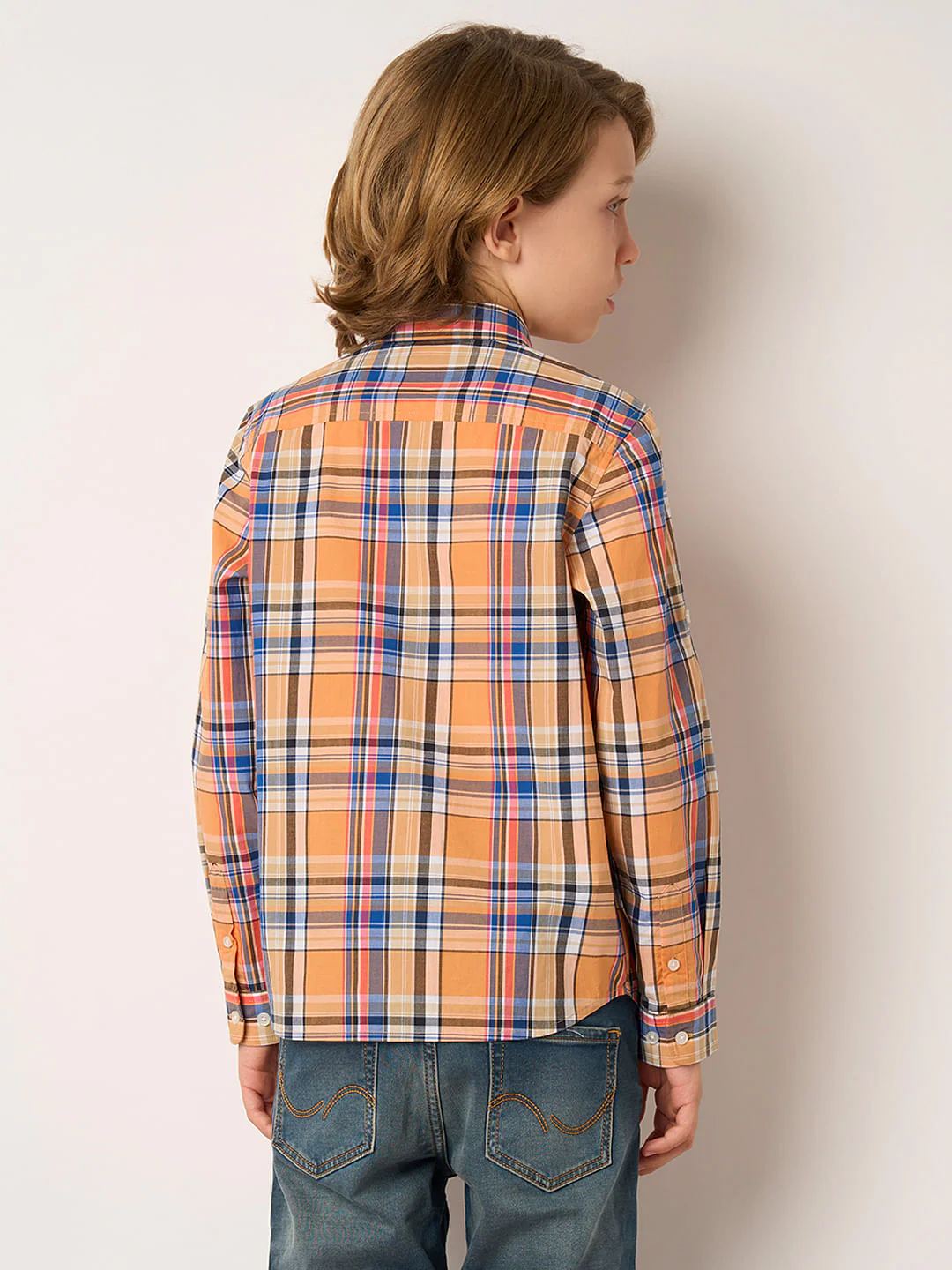 Boys Peach Check Full Sleeves Shirt - Image 4