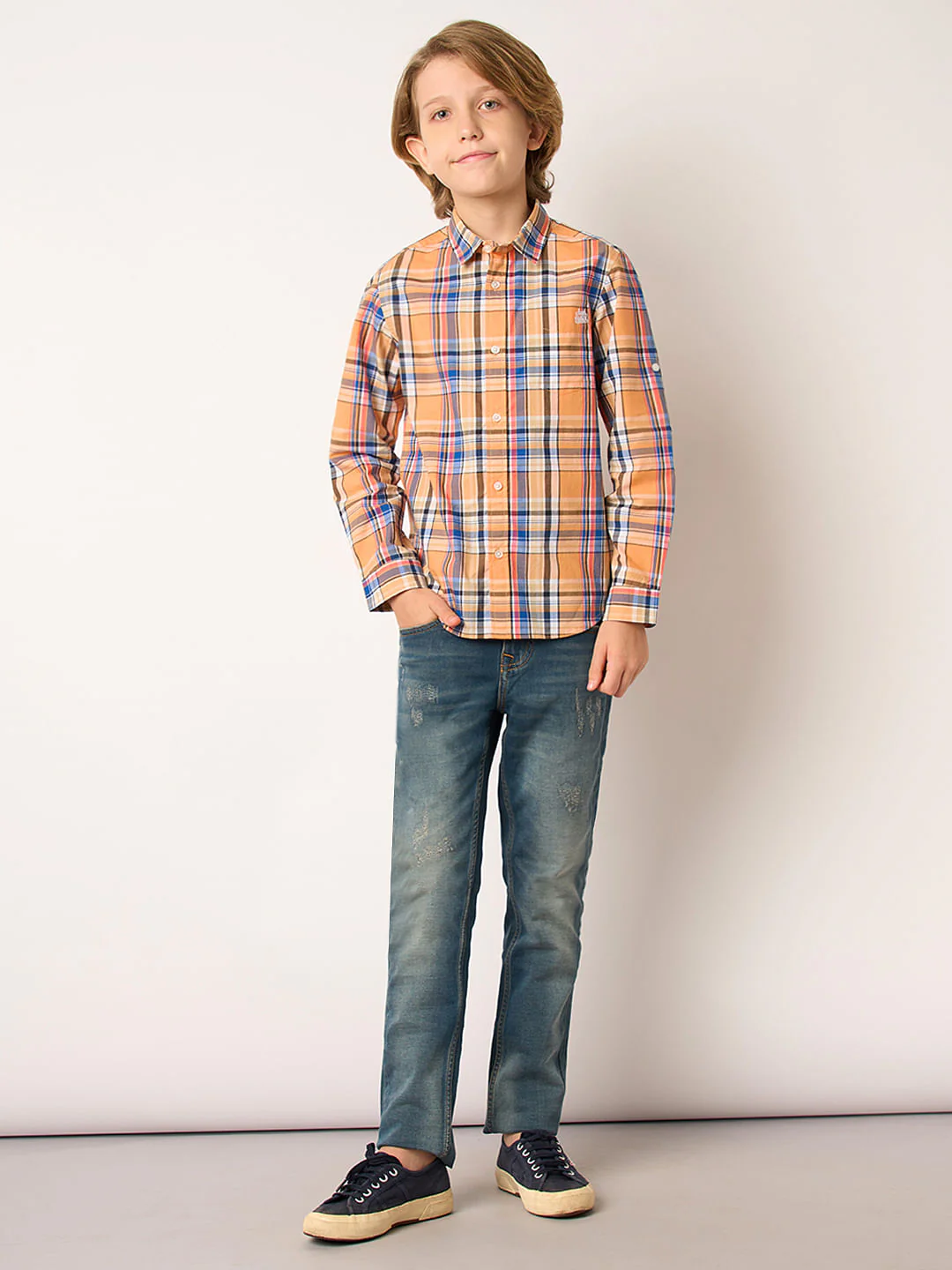 Boys Peach Check Full Sleeves Shirt - Image 5