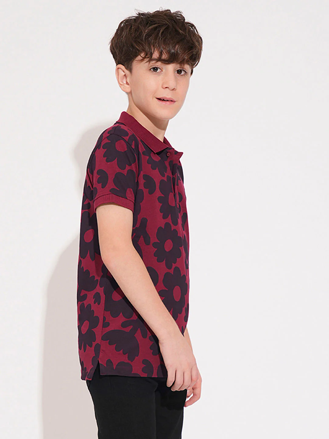 Boys Maroon Floral Cotton Polo - Image 3