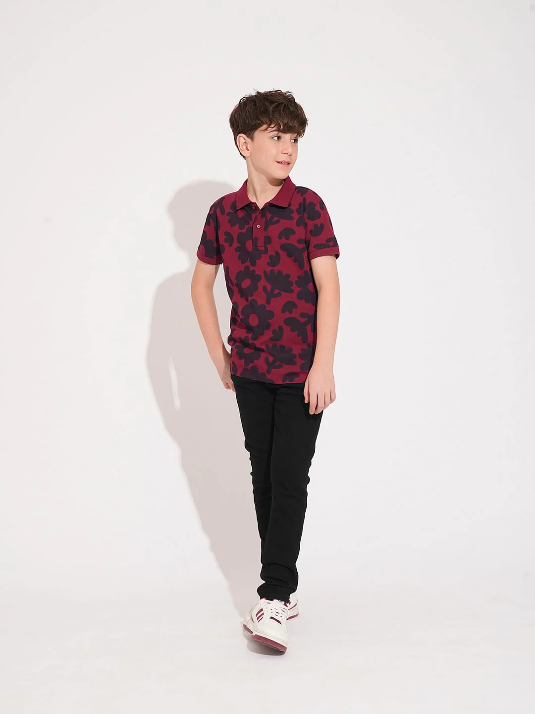 Boys Maroon Floral Cotton Polo - Image 5