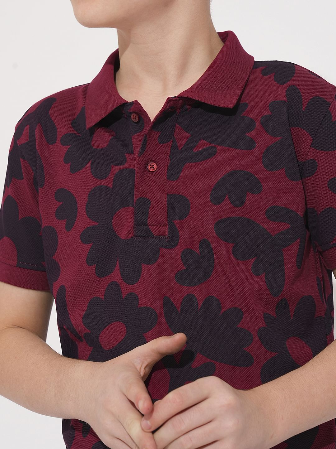 Boys Maroon Floral Cotton Polo - Image 6