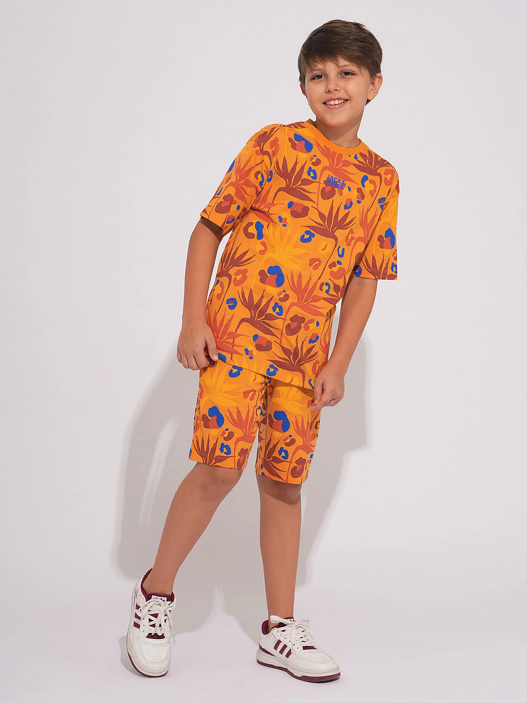 Boys Orange Fall Leaves Print Co-ord Set Shorts - Image 5