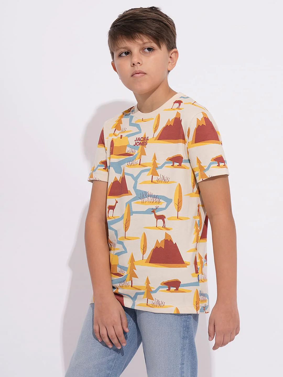 Boys Beige Printed Cotton T-shirt - Image 3