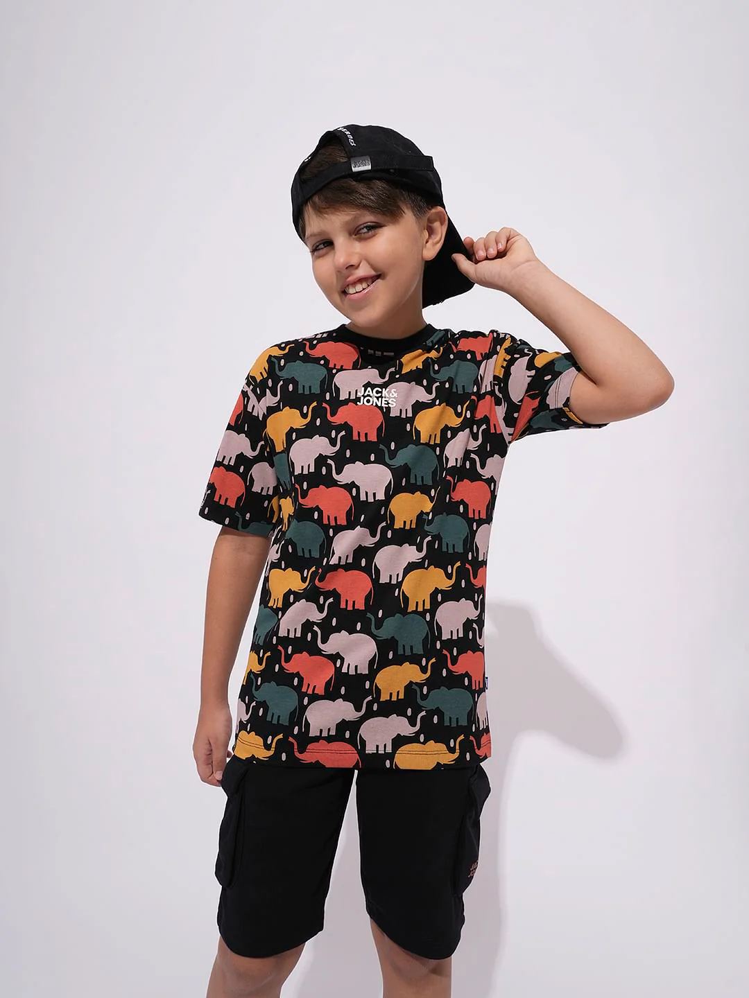 Boys Black Elephant Print T-shirt