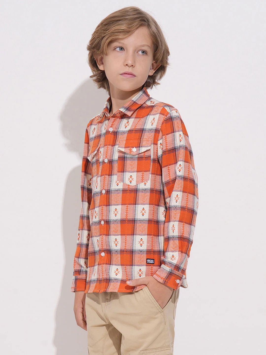 Boys Orange Brushed Flannel Check Shirt - Image 3