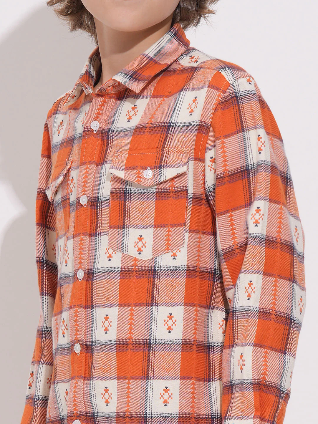 Boys Orange Brushed Flannel Check Shirt - Image 6
