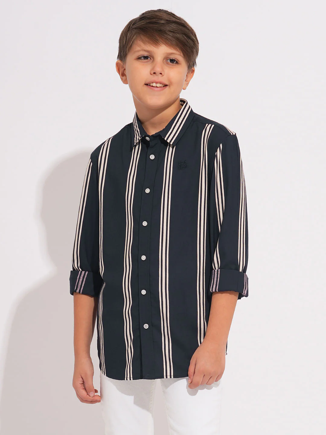 Boys Navy Blue Striped Full Sleeves Shirt - Image 3