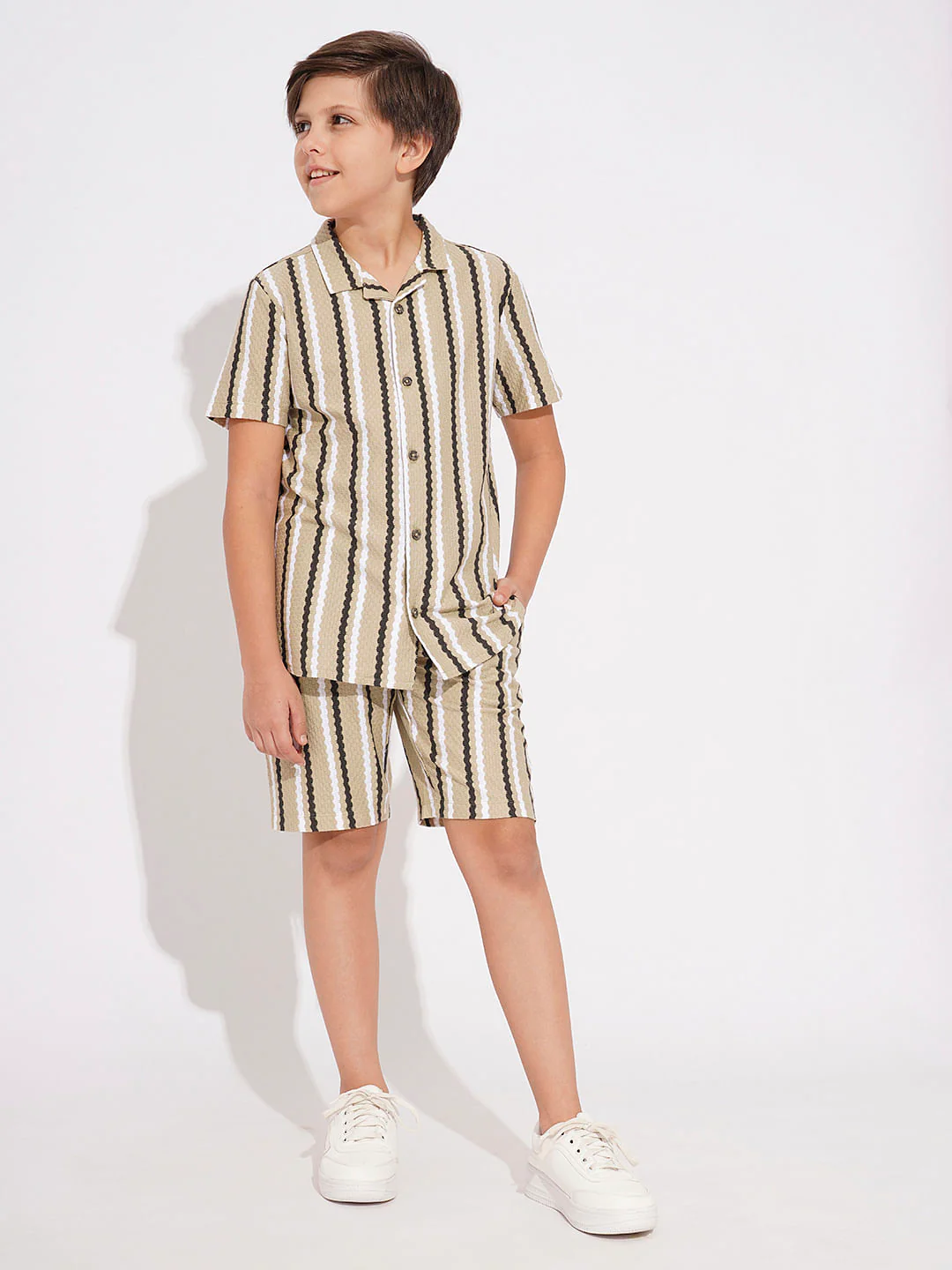 BOYS Beige Striped Co-ord Set Shirt - Image 5