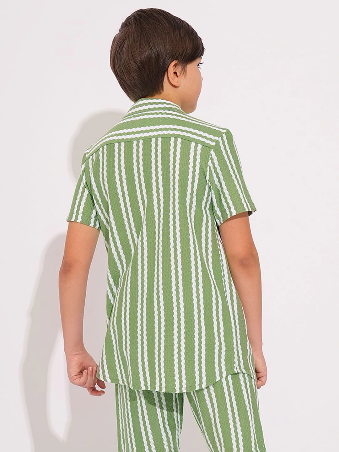 Boys Green Striped Co-ord Set Shirt - Image 4