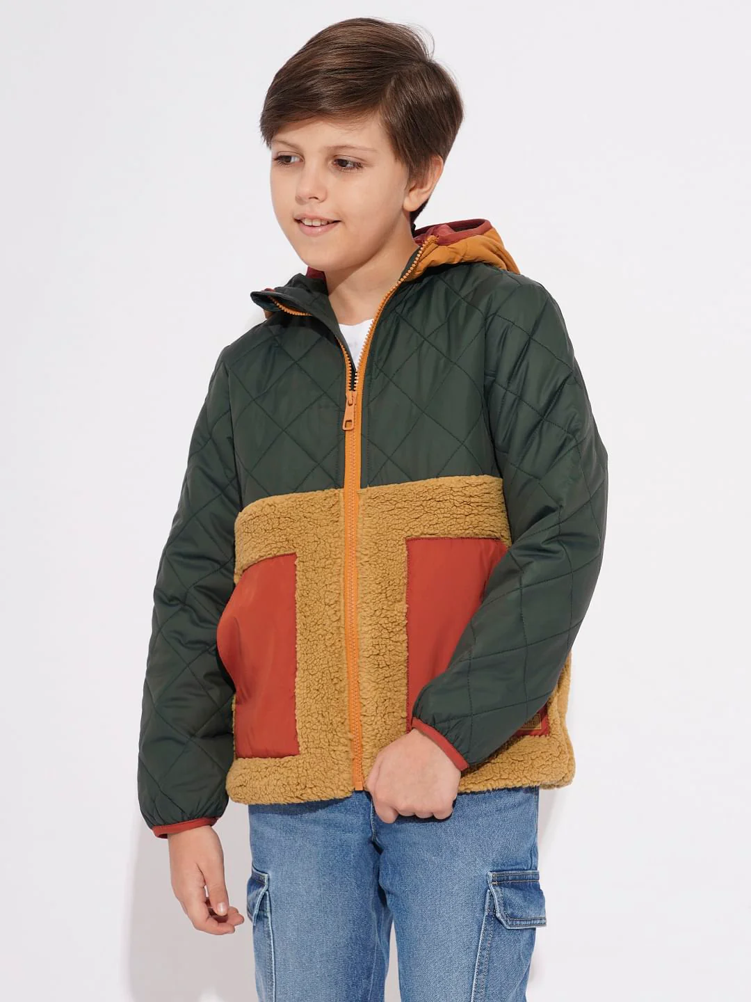 Boys Green Colourblocked Hooded Jacket - Image 2