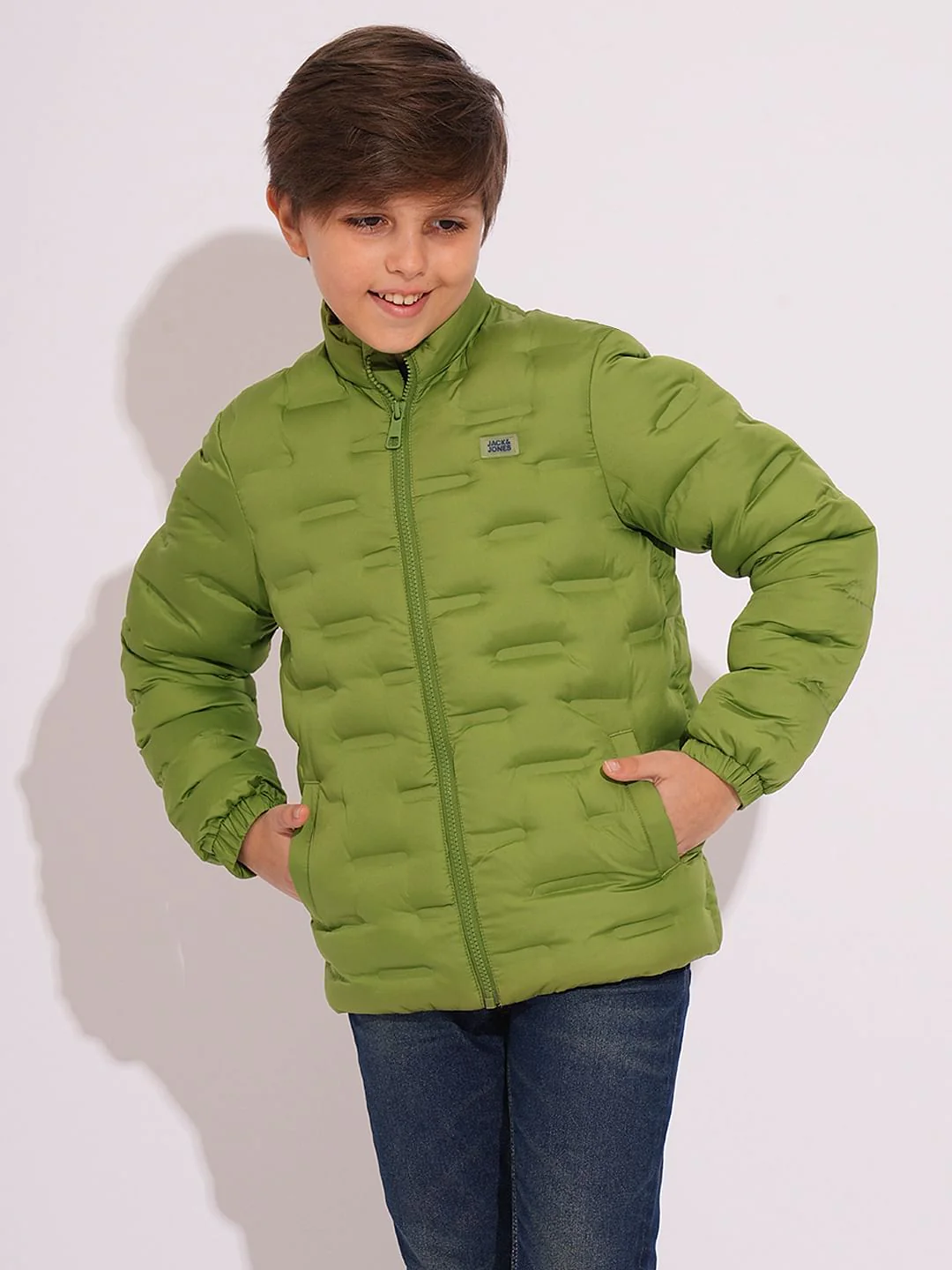Boys Green High Neck Puffer Jacket - Image 2