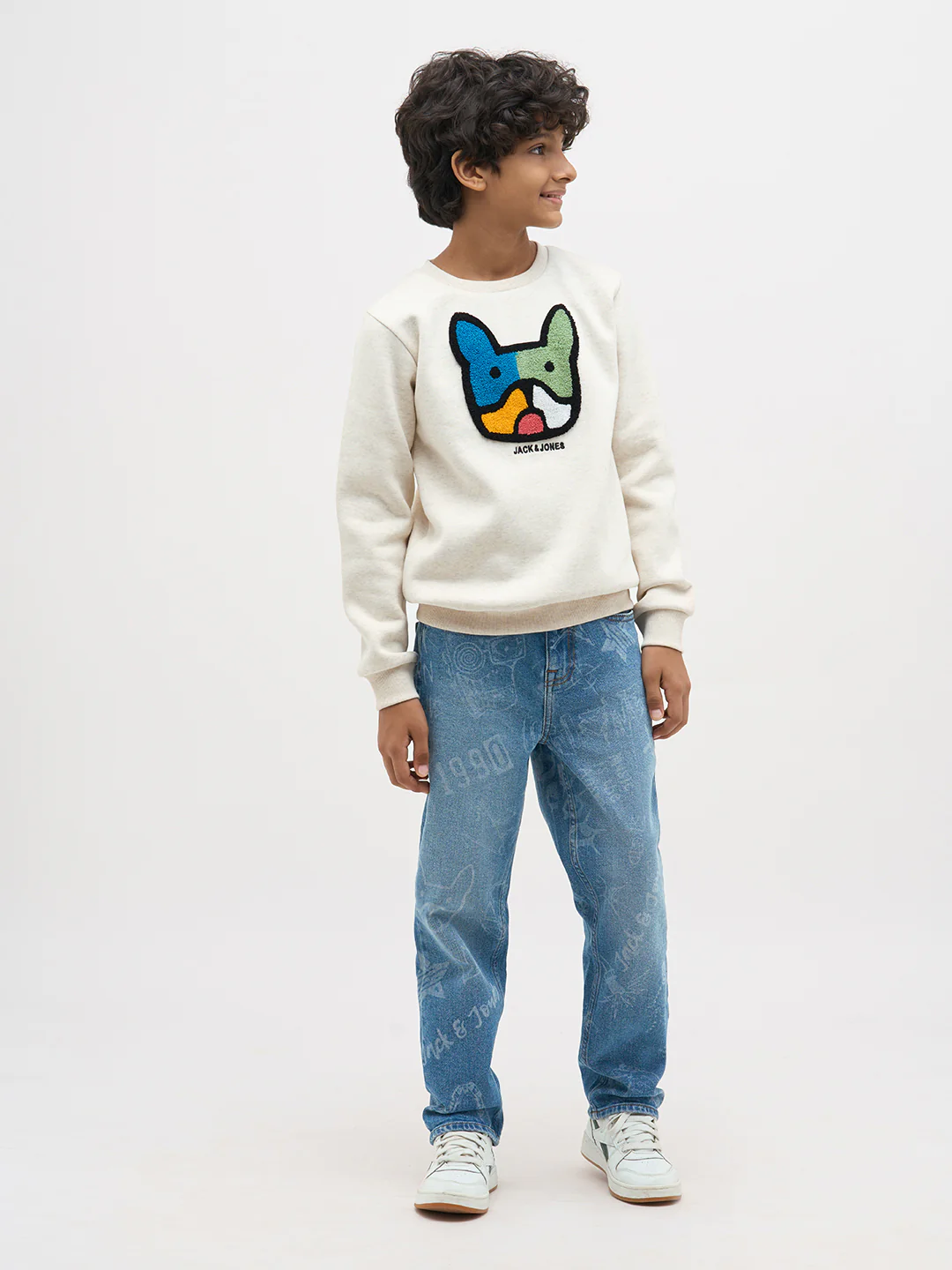 Boys Cotton Off White Crew Neck Sweatshirt With Dog Embroidery - Image 5