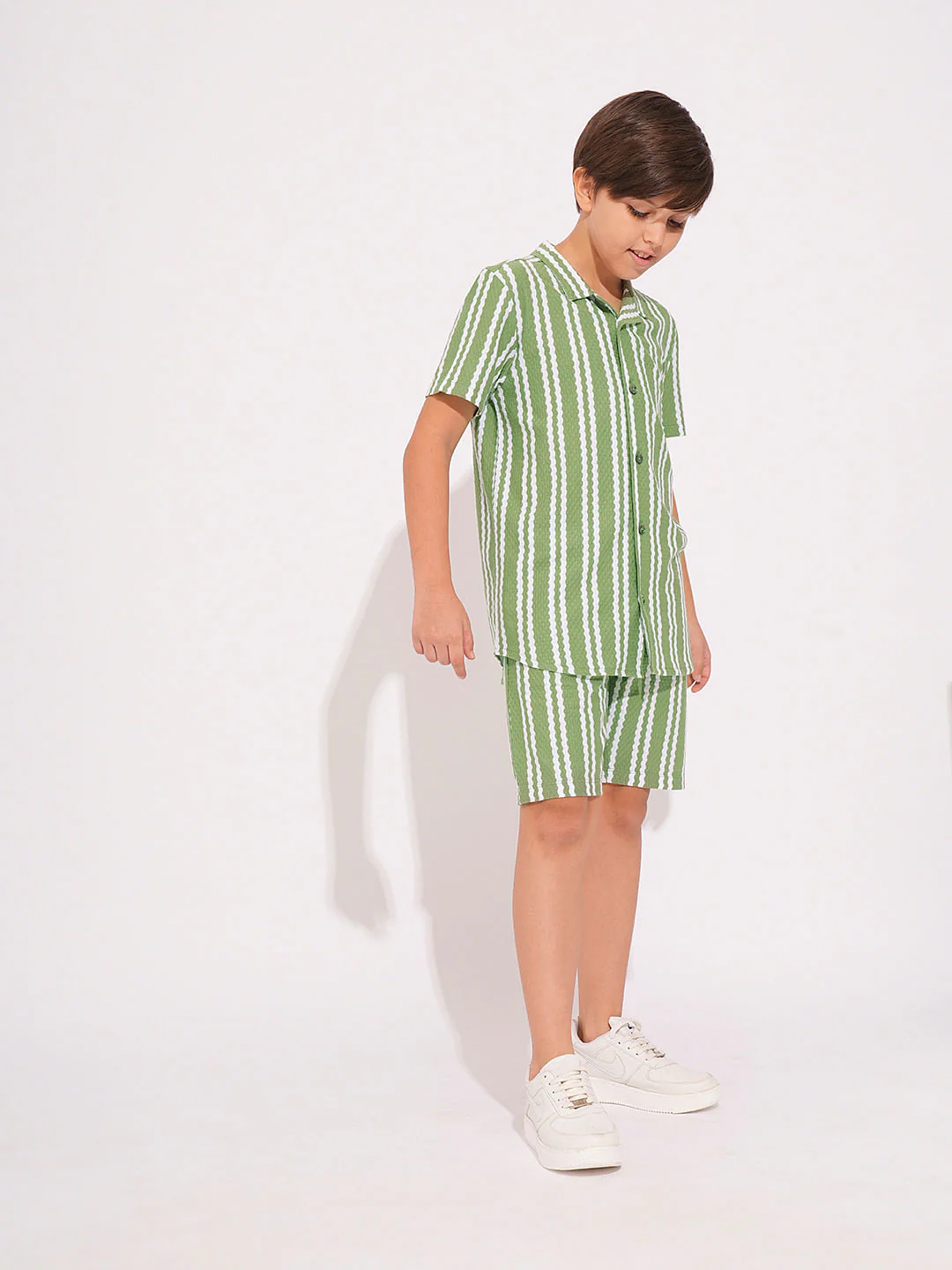 Boys Green Striped Co-ord Set Shorts - Image 4