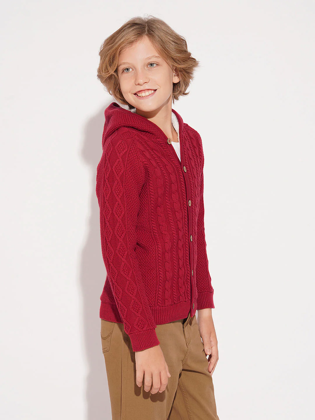 Boys Red Cable Knit Hooded Sweater - Image 3