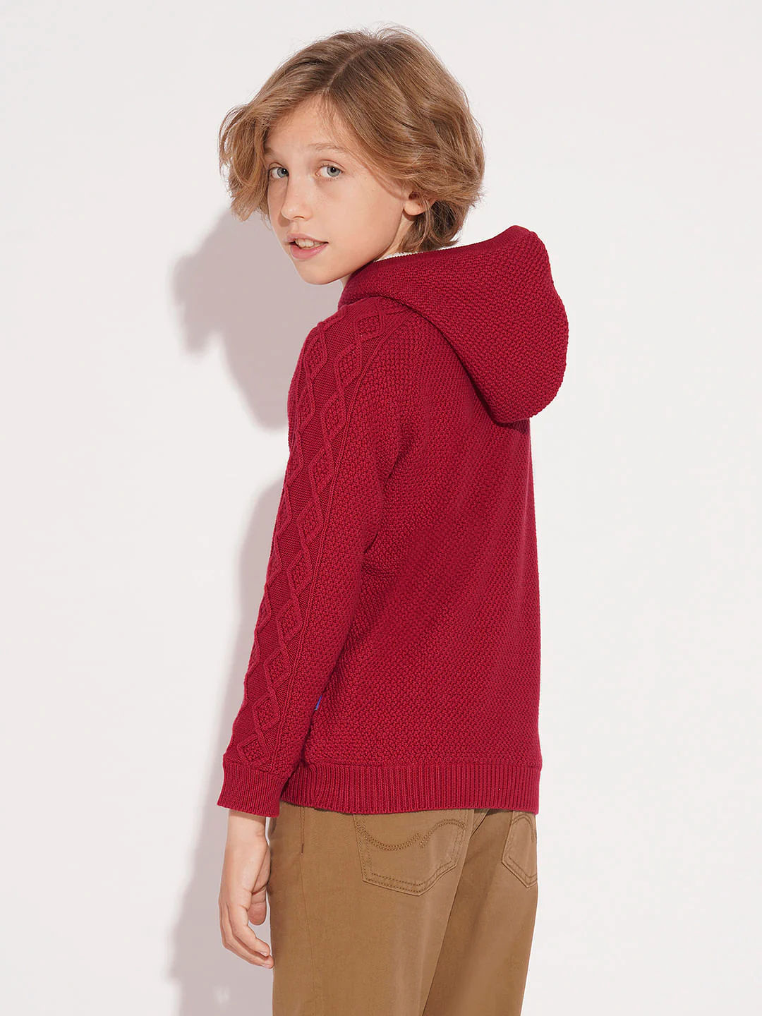 Boys Red Cable Knit Hooded Sweater - Image 4