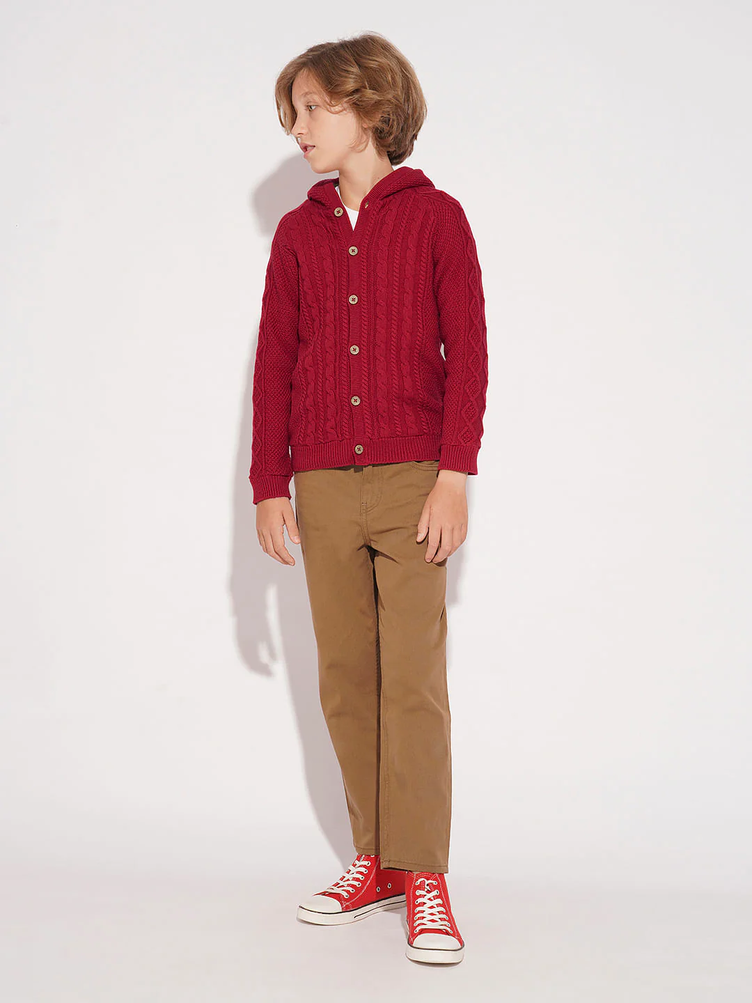 Boys Red Cable Knit Hooded Sweater - Image 5